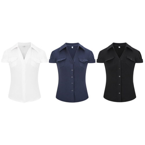 Cross-border Southeast Asian Korean-style high-waisted slimming short-sleeve pocket-waisted temperament spicy girl shirt 63060