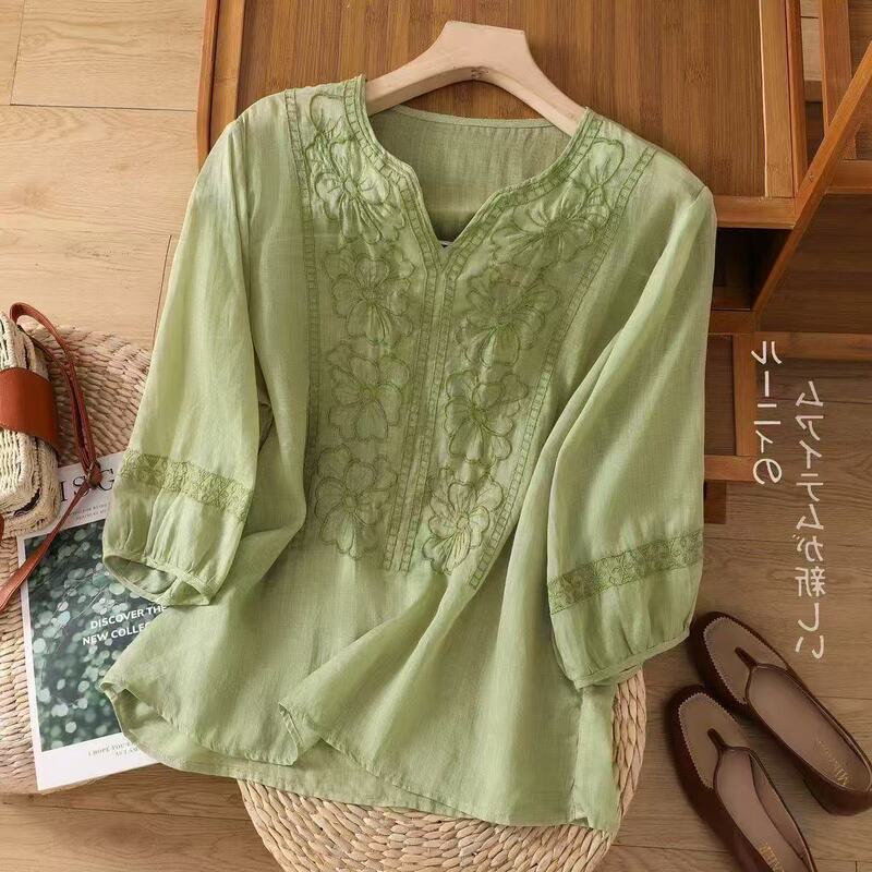 New Pure Cotton Half-Sleeved Shirt Summer New Large Size Korean Style Embroidered Top Pullover Short-Sleeved T-Shirt for Women