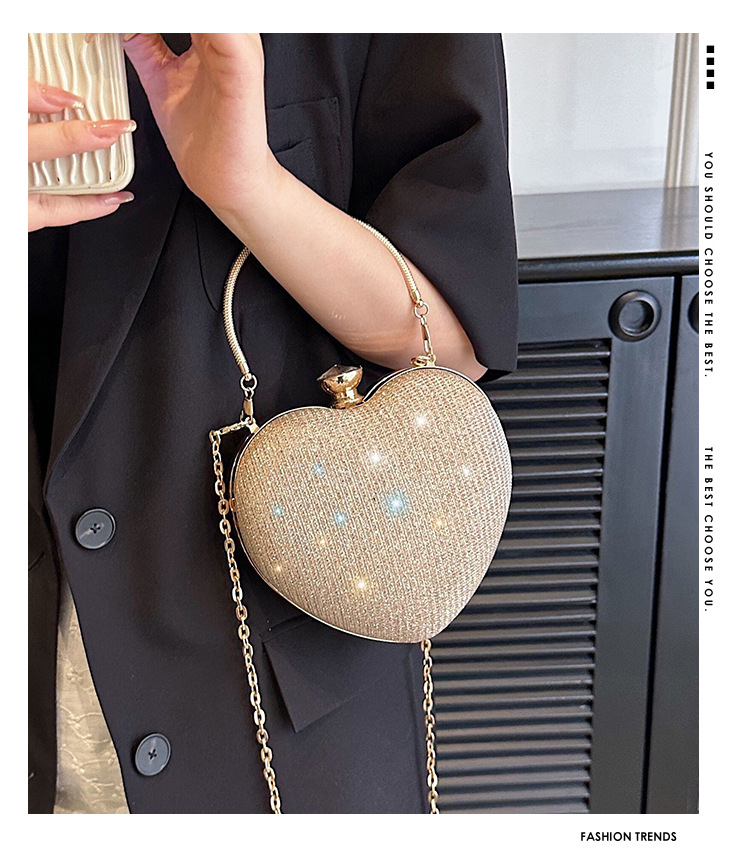 Borsa a tracolla diagonale in metallo con intarsi di diamanti a forma di cuore di pesca, da sera, da donna, nuova_voghion.com