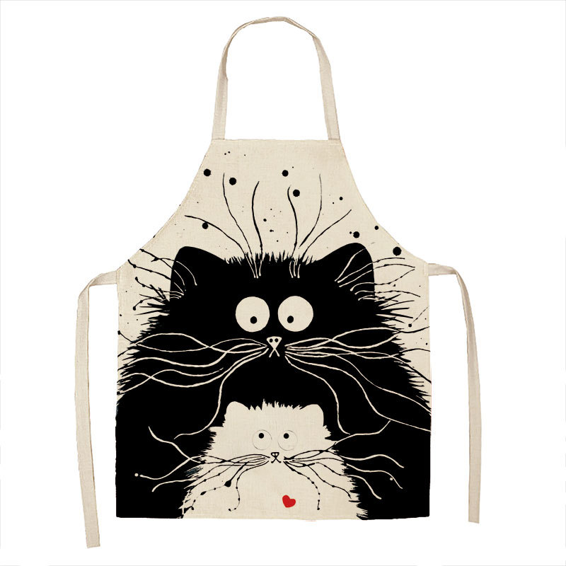 Gato blanco y negro de dibujos animados delantal lino cocina casera sin mangas halter antifouling cintura niños babero