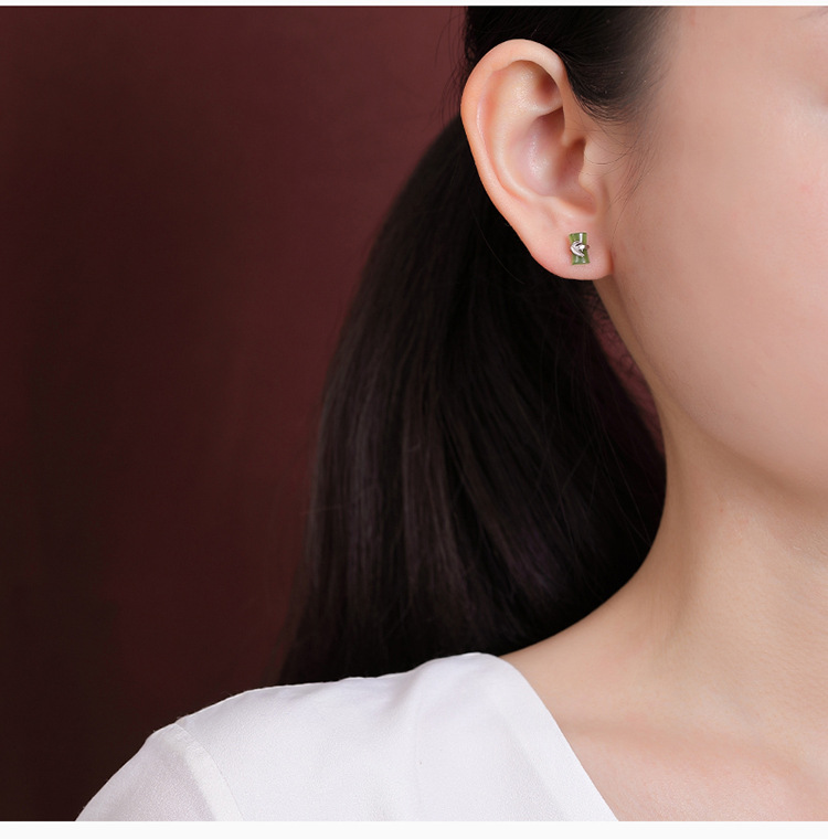 Khuyên tai nữ bạc S925 mạ vàng đính ngọc bích hình lá tre phong cách cổ điển — Kiểu màu bạc chi tiết 6