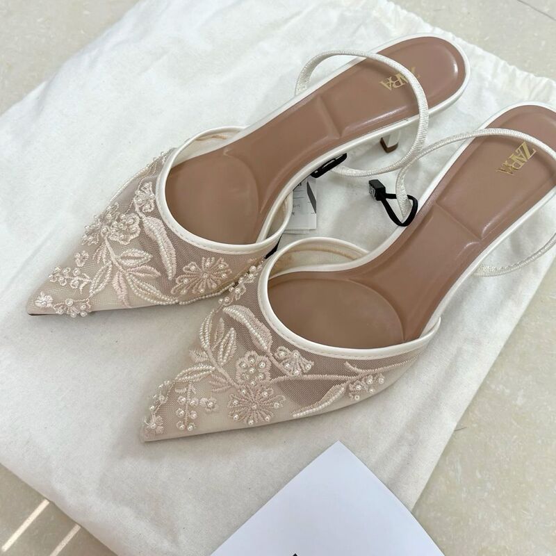 Za New Ethnic Style Mary Jane Slim Pointed High Heels - Breathable Mesh Embroidered Sandals Spring 2025