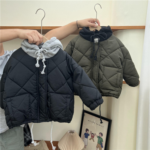 Children's Winter Set-in-One Hooded Cotton Coat for Boys and Girls, Korean Style, Outdoor Thick Gingham Long-Sleeve Cotton Jacket