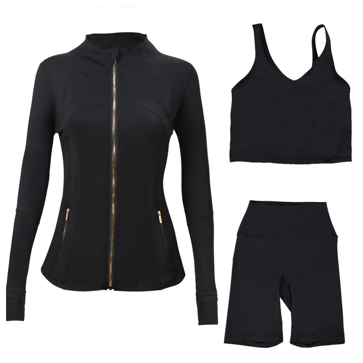 Костюм для йоги LULU DF: жилет с воротником-стойкой, U-образный жилет, шорты до колена, комплект из трех предметов, золотая молния, спортивный, облегающий