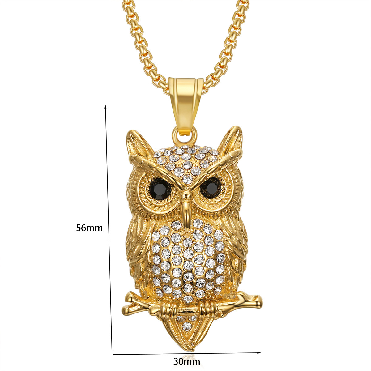 20g Weight Vacuum Plating Gold Plating Process 1 Piece 56*30mm 60cm Titanium Steel Rhinestones Gold Plated Owl Pendant Chain