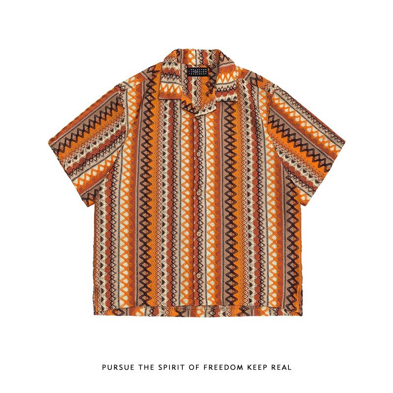 Retro Ethnic Style Hollow Woven Jacquard Cuban Collar Shirt Men's Summer New Contrast Color Design Short-Sleeved Shirt