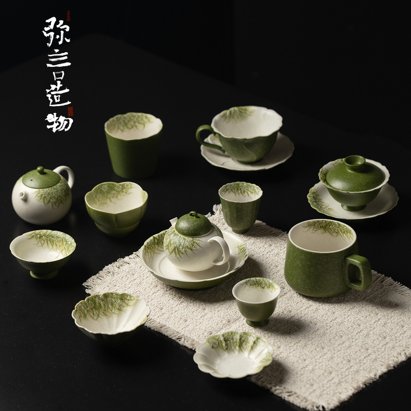 Miyan Little Green Tangerine Hand-Painted Light Grass Daisy Ceramic Tea Set for Home Use: Teapot, Lid Bowl, Teacup, Master Cup Collection