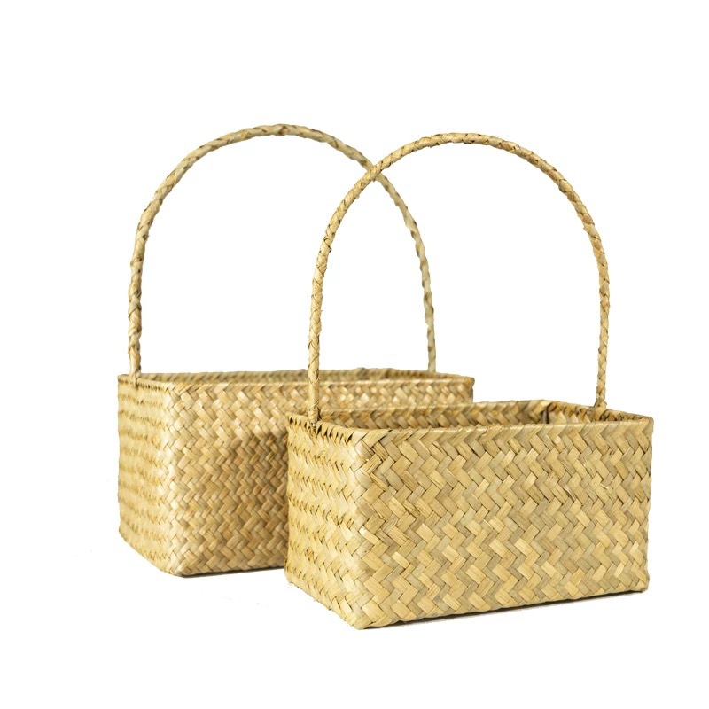 Cestas de flores tejidas de algas marinas portátiles de mano canasta de regalo de mano decoración de flores de boda occidental canasta de flores de mano azul