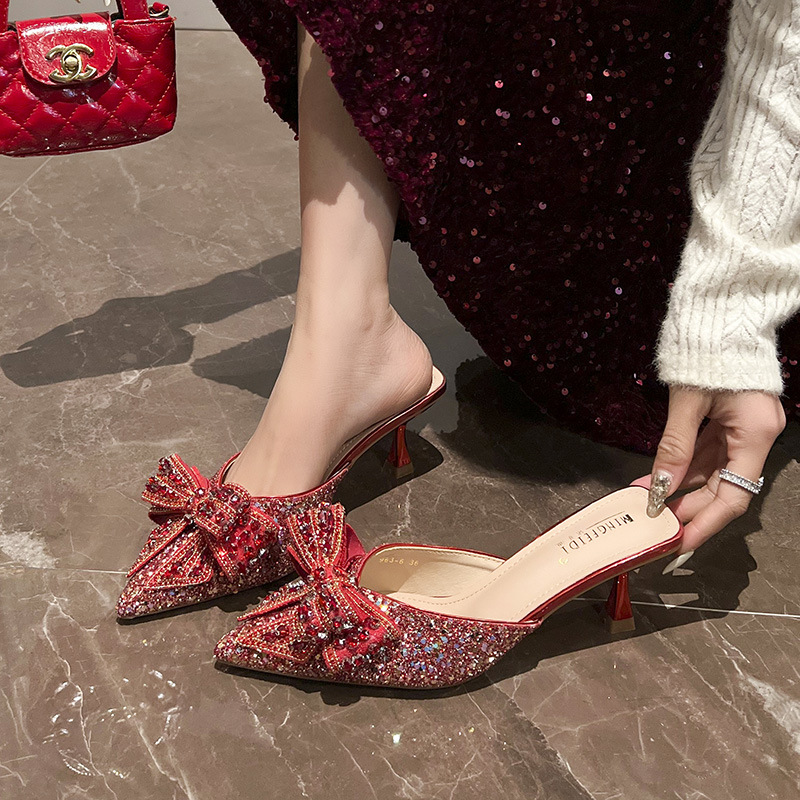 Sandalias y pantuflas de tacón alto moda de verano para mujer zapatillas de tacón de aguja puntiagudo rojo rhinestone bowknot medio arrastre zapatos de mujer
