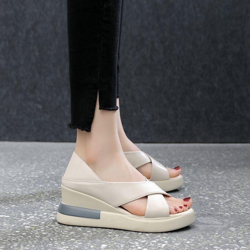 Summer Soft Leather Wedge Sandals for Women with Cross Straps, Thick Soles, Breathable, Non-Slip Platform Shoes for Women, Dropshipping Available Summer Soft Leather Wedge Sandals for Women with Cross Straps, Thick Soles, Breathable, Non-Slip Platform Shoes for Women, Dropshipping Available