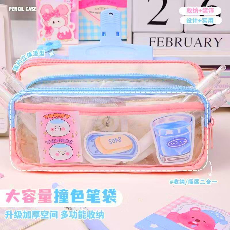 Tamaño a juego de color o00 estuche para lápices bolsa de papelería transparente de gran capacidad bolsa de papelería multifuncional creativa ins japonés de alto valor