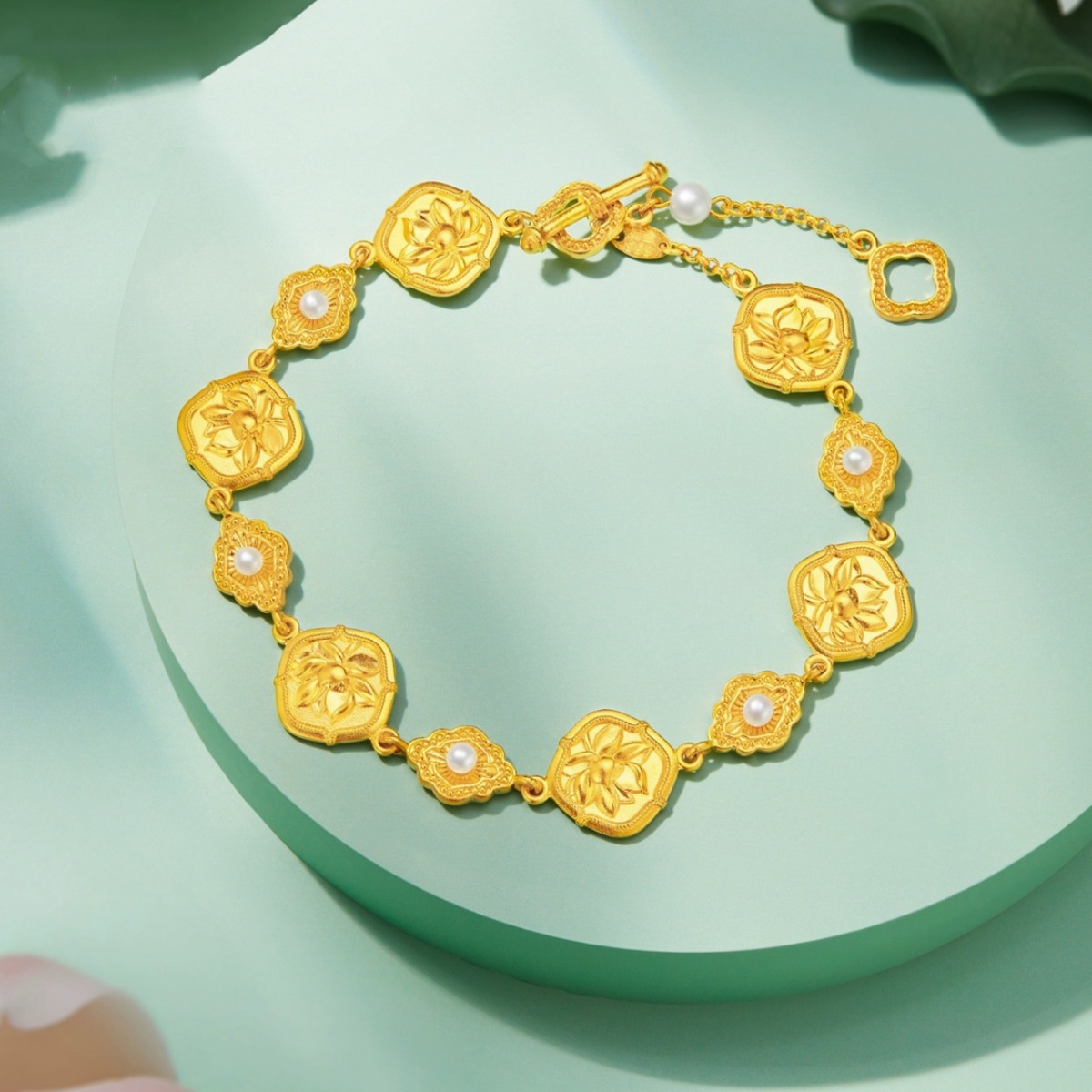 Shajin New Pearl Lucky Lotus Bracelet Gold Color Prosperous Chinese Color Chain Ancient Style Ancient Style Bracelet Exquisite Gift Giving_voghion.com