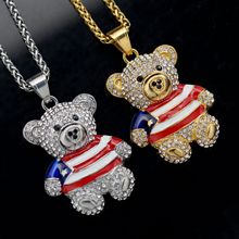 欧美外贸跨境新款嘻哈hiphop饰品不锈钢镀金满钻美国可爱小熊吊坠