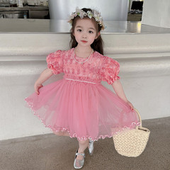 女童連衣裙2024夏裝新款兒童時髦短袖公主裙寶寶可愛洋氣網紗裙子