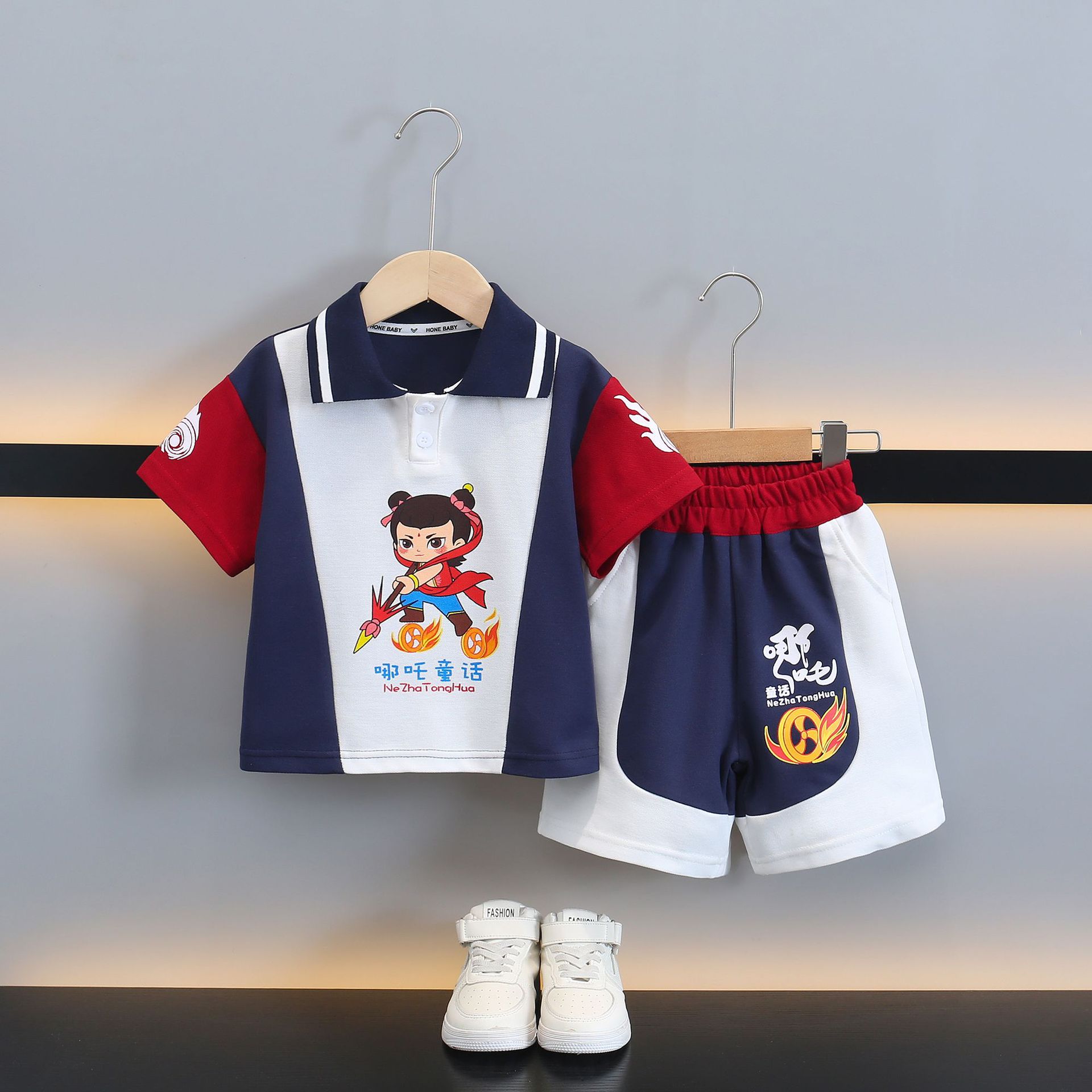 7784 traje de verano para niños 2025 nuevo estilo estilo occidental camisa polo para niños de dos piezas de manga corta ropa de verano para bebés