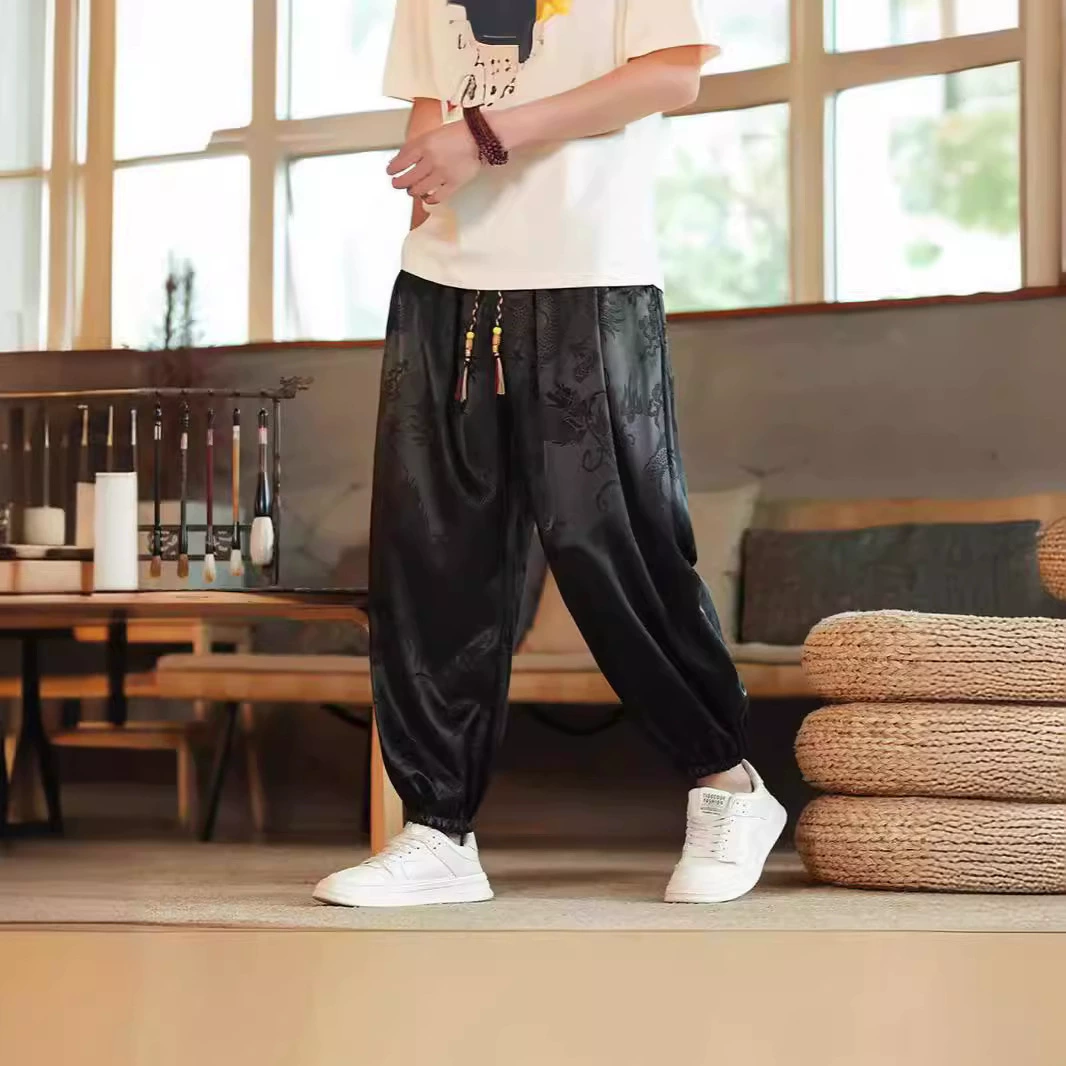 2023 весна и лето ледяной дракон темный цветок девятиукороченные брюки мужские китайские шаровары брюки большие бочковые брюки свободные пляжные брюки