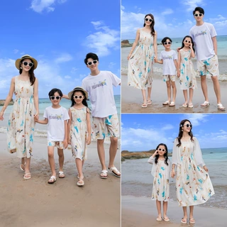 三亚海边旅游沙滩亲子装夏装波西米亚母女连衣裙一家三口四口套装