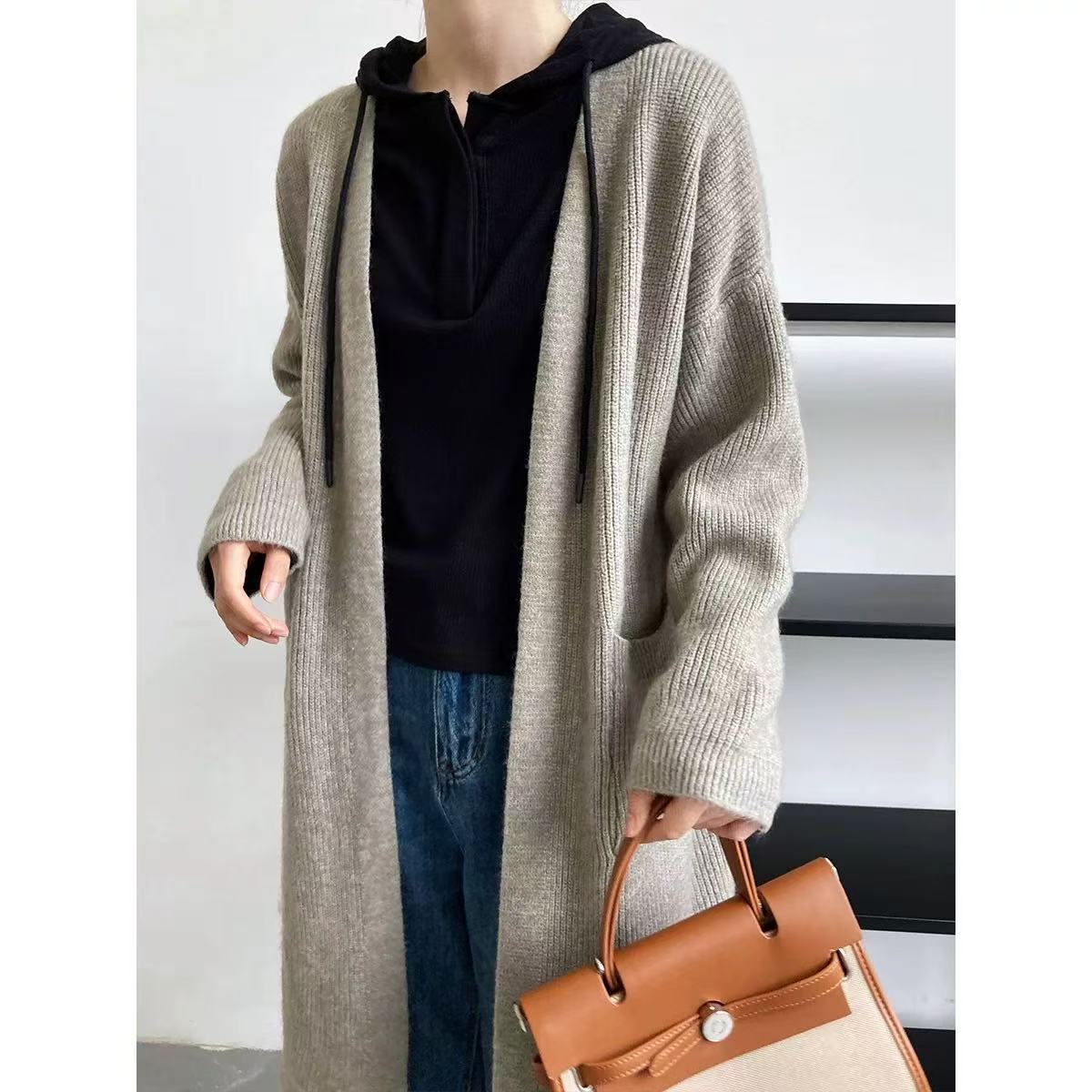 Übergroßer Cardigan mit V-Ausschnitt – Grobstrick-Langpullover mit offener Vorderseite (Einheitsgröße, 7 Farben)_voghion.com