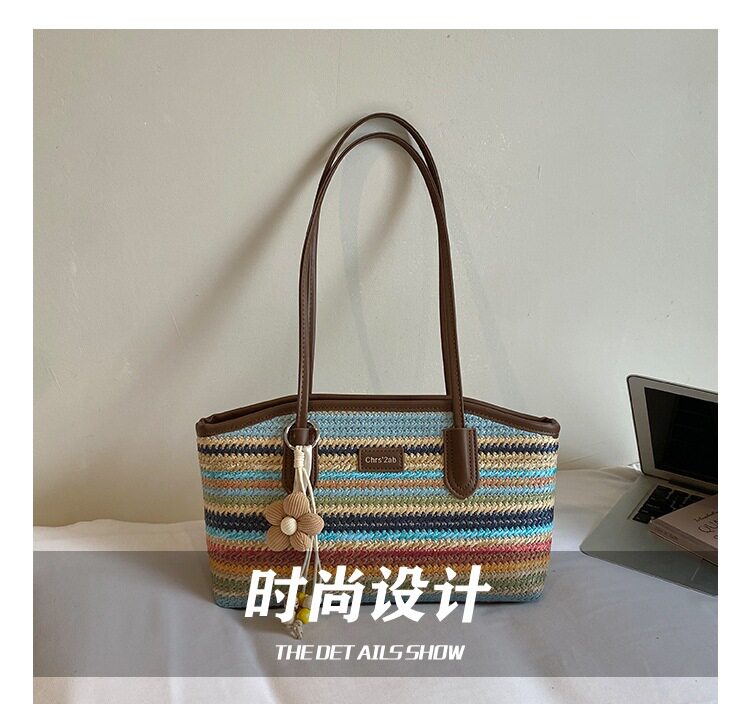 Túi tote đeo vai kẹp nách dáng ngang phong cách tối giản thanh lịch — Kaki sọc, Màu sắc, Màu xanh da trời, màu kaki chi tiết 6