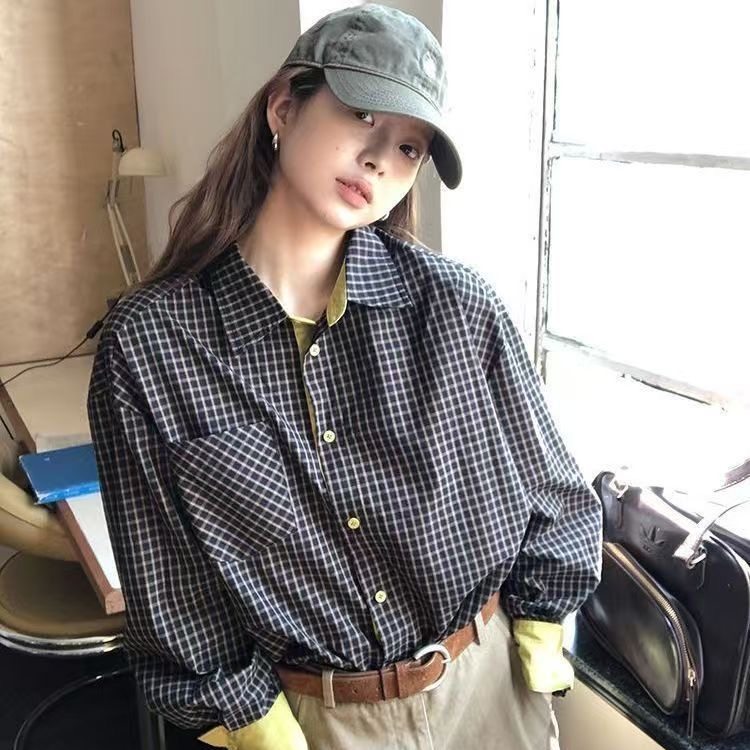 春秋新款复古经典格子衬衫女慵懒风百搭叠穿长袖设计感小众衬衣潮