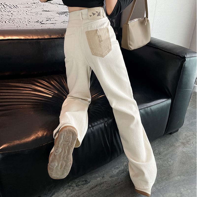 Creamy-white narrow straight jeans women's autumn 2023 new versatile slimming draping wide leg mop pants