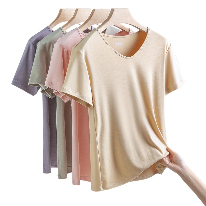 60 de doble cara modal de primavera y verano de las mujeres de manga corta de color sólido delgada parte superior interior se puede usar fuera de la camiseta de fondo en stock