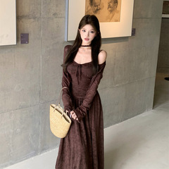 美拉德辣妹气质度假针织提花掐腰连衣裙显瘦吊带长裙+开衫两件套