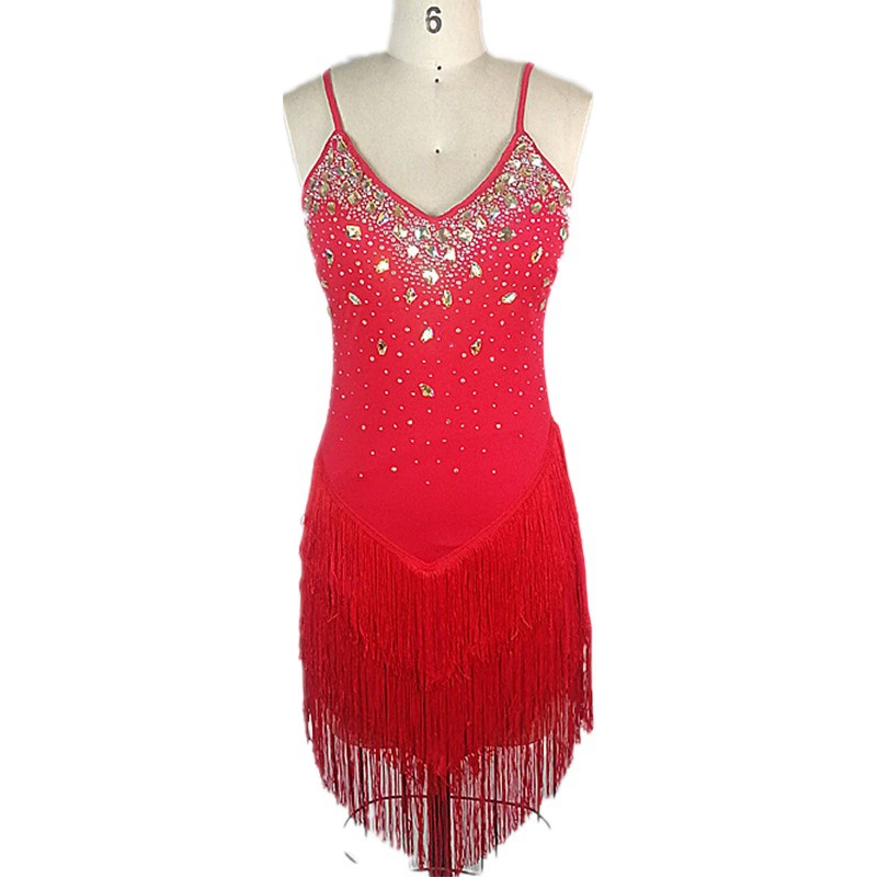 2024 Новое профессиональное платье для латинских танцев с бриллиантовыми кисточками и блестками, маленькое платье на бретелях, бальный костюм, платье с V-образным вырезом