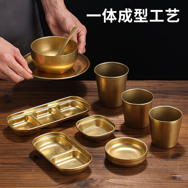 Vintage Gold Stainless Steel Tableware Set-up suit Old Dishes Water Cup Chopsticks Spoon Long Square Plate Barbecue Shop Flavor Plate Vintage Gold Stainless Steel Tableware Set-up suit Old Dishes Water Cup Chopsticks Spoon Long Square Plate Barbecue Shop Flavor Plate