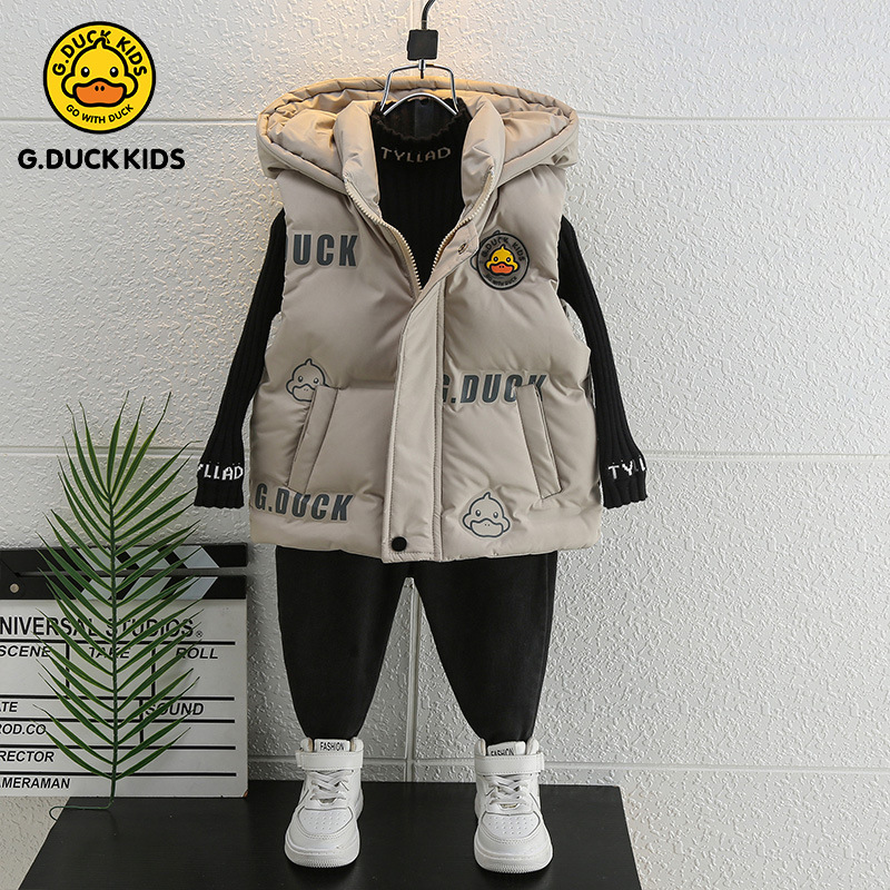 小黄鸭男童羽绒马甲秋冬2025男宝宝外穿品牌马夹儿童冬季连帽背心