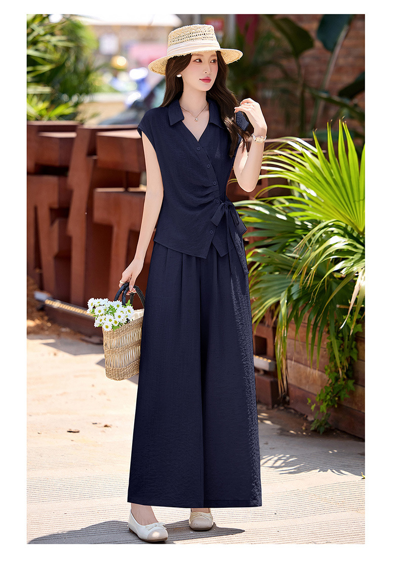 Bộ quần áo nữ hai mảnh gồm áo sơ mi eo thon và quần ống rộng, thiết kế thanh lịch mùa hè 2026 — Xanh lông mòng đen, màu mơ chi tiết 13