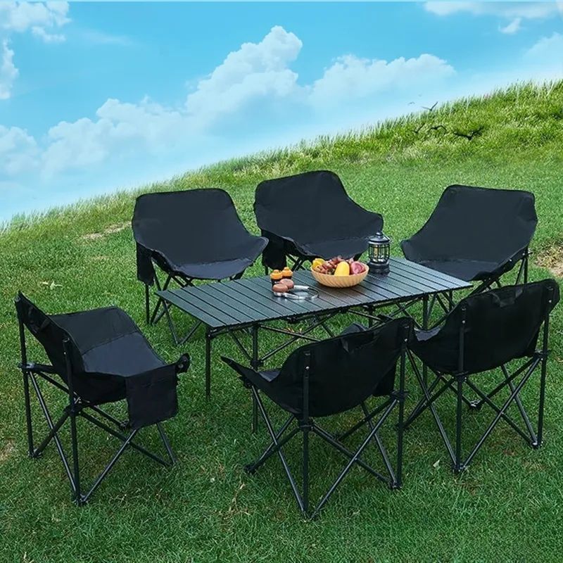 Outdoor Folding Table Set, Complete Set of Camping Tables and Chairs, Egg Roll Table, Portable Moon Chair, Barbecue Picnic Table and Chairs
