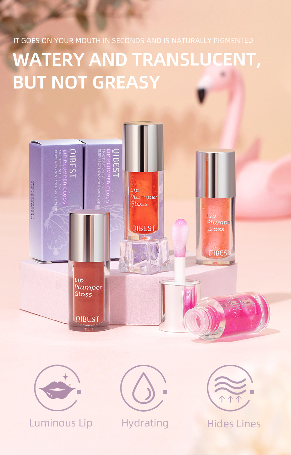 QIBEST Lip Oil Transparent Mirror Water Glass Lip Moisturizing and long-lasting non-stick Lip gloss Makeup wholesale Specification drawing
