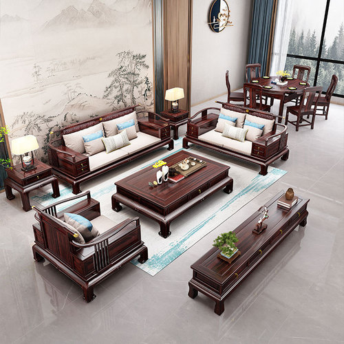 New Chinese style all solid wood ebony wood sofa winter and summer combination classical living room with carved wooden complete set of furniture