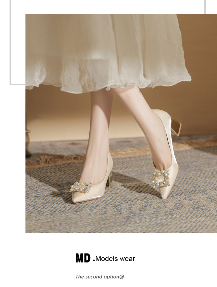 Giày cưới mũi nhọn gót thô cao 9 cm, miệng nông, phong cách cổ điển — Màu đỏ rượu chi tiết 13
