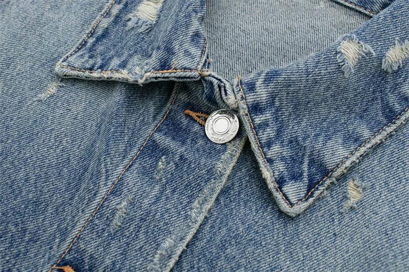 Retro Denim Jacket For Women Long Sleeved Collared Distressed Top_voghion.com