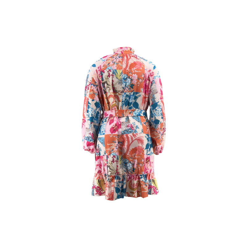 Swing Dress Commute Heaps Collar Printing Belt Long Sleeve Flower Above Knee Street display picture 5