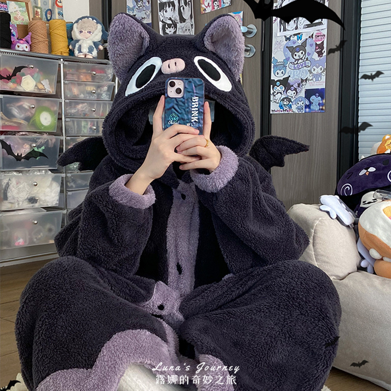 Luna's Little Bat Coral Fleece Pajamas Women's Cute Home Clothes Couple's Nightgown Best Friend Flannel Nightgown Plush