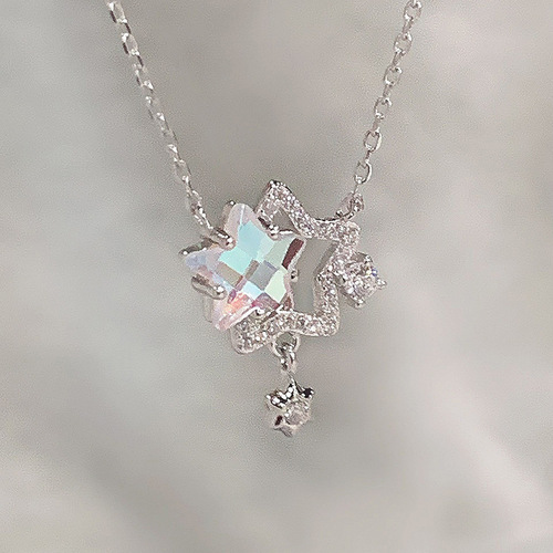 Titanium steel fashionable temperament five-pointed star rhinestone necklace for women, colorful titanium steel ultra-bright zirconia tassel pendant choker