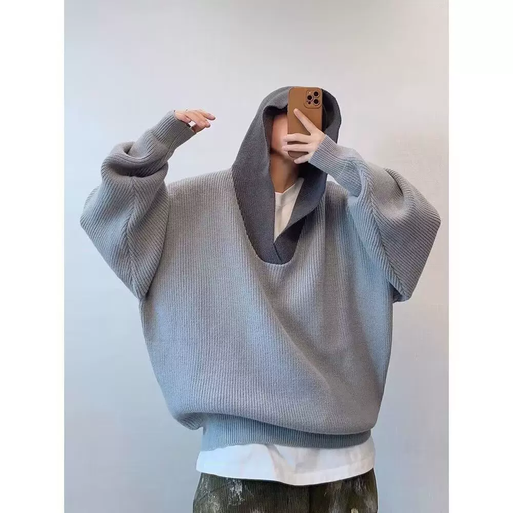 灰色拼接撞色毛衣男款秋冬慵懒风针织连帽卫衣设计感美式复古外套