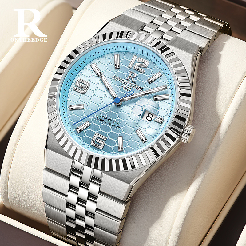 Swiss Brand Rui Zhi Yuan Ice Blue Men's Watch, Genuine Brand-Name Business High-End Watch with Luminous Night Light and Waterproof Quartz Movement