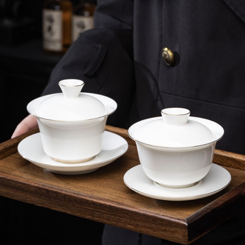 徳化白磁茶器、羊脂翡翠三才蓋ボウル、陶磁器カンフー茶ボウル、火傷防止蓋ボウル、ロゴ入りティーカップ|undefined