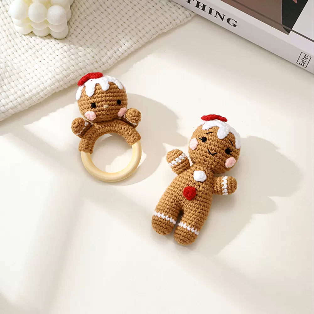 手工钩编新生儿安抚摇铃玩偶姜饼人饼饼婴儿洗礼圣诞万圣节礼物