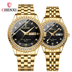 Cross-border Dawn Couple Dual Calendar Luminous Watch Manufacturer Wholesale Foreign Trade Gold Diamond-Inlaid Steel Band Quartz Watch
