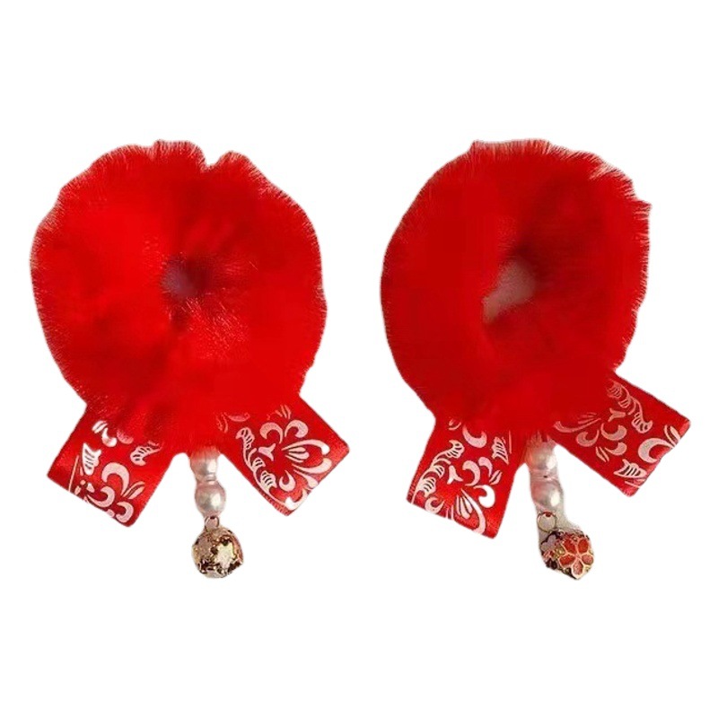 Año Nuevo accesorios para el cabello imitación conejo de peluche anillo de pelo estilo chino niños Hanfu accesorios para el cabello niña bebé Bola de piel roja estilo antiguo