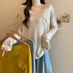 K4H 実物写真初秋薄手日焼け止めシャツ V ネック長袖 Tシャツレディースゆったり新作アウターブラウス万能ニットトップ