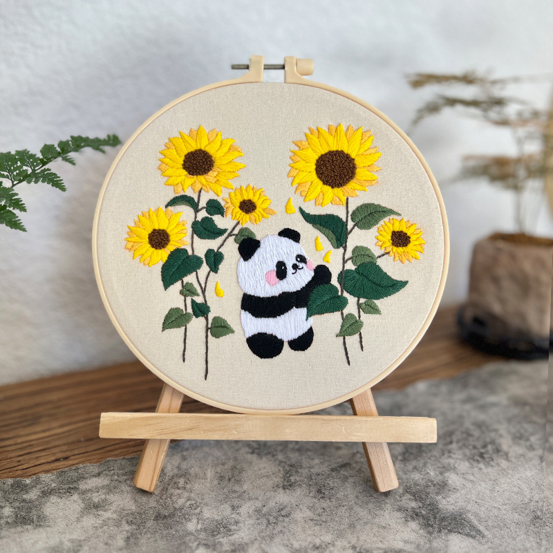 Flor Bush panda pequeño conjunto bordado diy material de mano bolsa de dibujos animados aguja animal paquete de bordado hierba de cuatro piezas