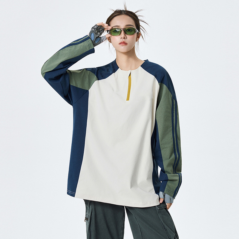 大牌长袖t恤女春秋2025新款美式潮牌套头衫半拉链速干情侣上衣男|undefined