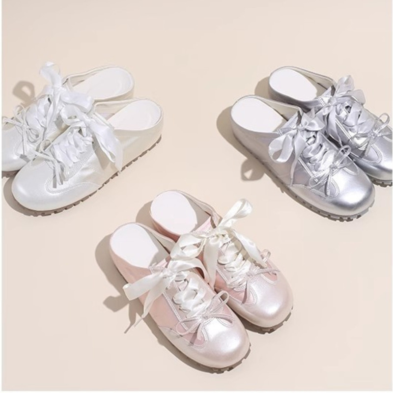 Genuine Leather Pink Ballet Shoes, Casual and Versatile Moral Training Shoes, Bow-Knot Soft-Soled Flats-Soled Slip-Ons, Toe-Cap Half Slippers