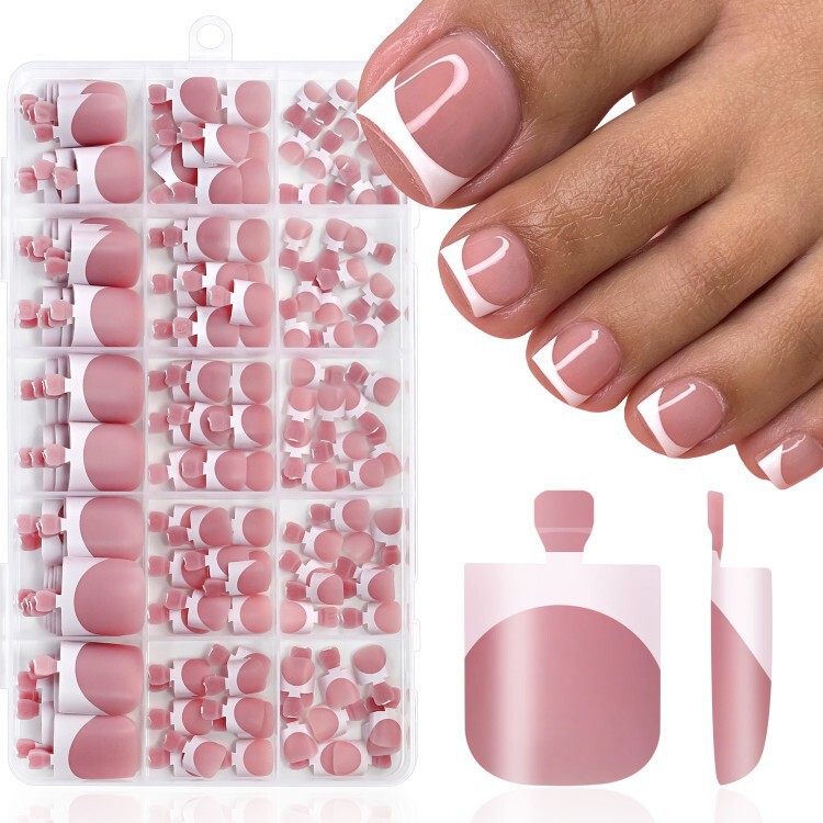 Cross-border 15-piece boxed nude pink French-style press-on toenails with white edges, short square toe nails, flattering and versatile, wholesale Cross-border 15-piece boxed nude pink French-style press-on toenails with white edges, short square toe nails, flattering and versatile, wholesale